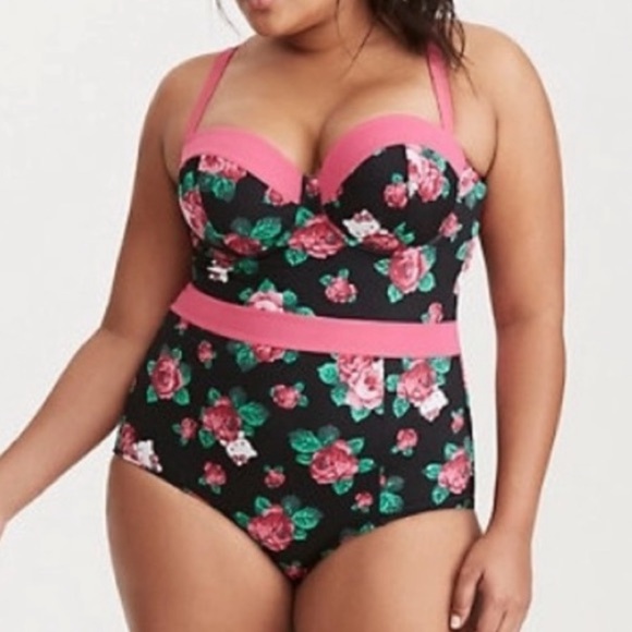 Torrid x Hello Kitty Black and Pink Floral Underwire Strapless One Piece Suit. 1 - Picture 11 of 14